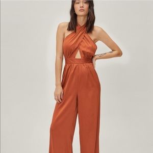NWT Rust Recycled Satin Halter Jumpsuit